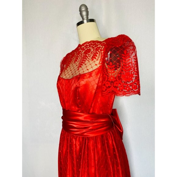 Vintage 60s 70s Holiday Red Cocktail Party Tea Dress Size Small Lace Formal VLV - Picture 6 of 8